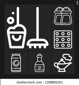 Set of 6 bottle outline icons such as soda, pills, genie, wine, clean