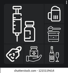Set of 6 bottle outline icons such as beer, recyclable, champagne, medicine, syringe