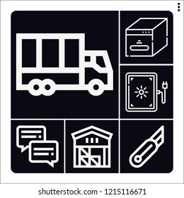 Set of 6 box outline icons such as warehouse, lightbox, delivery truck, cutter, chat