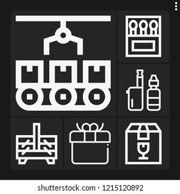 Set of 6 box outline icons such as gift, conveyor, fragile, cigarette, matches
