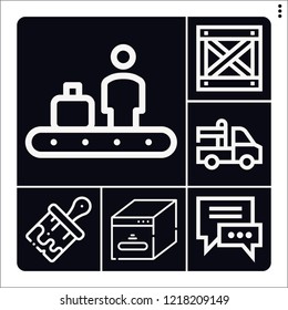 Set of 6 box outline icons such as brush, box, conveyor, delivery truck, cube