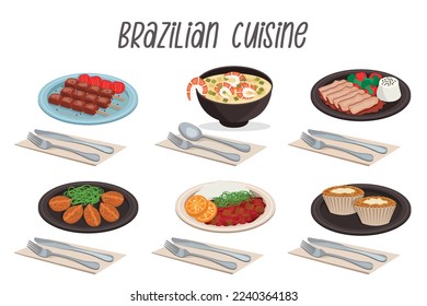 Set of 6 Brazilian cuisine illustrations: pato no tucupi, churrasco, feijoada, tacaco, bolinos de bacalhao, queujadinha with cutlery.