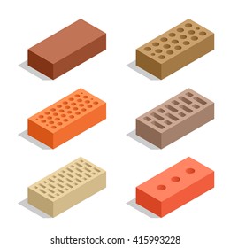 Set of 6 bricks.  Flat 3d isometric vector Brick icons  illustration. For infographics and design games. Industrial elements. Construction.