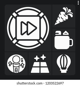 Set of 6 bright filled icons such as fast forward, karaoke, carrot, floor, hot air balloon