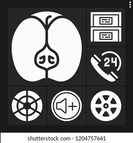 Set of 6 bright filled icons such as volume, apple, cabinet, hours, color wheel