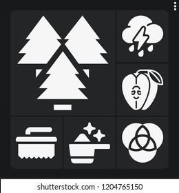 Set of 6 bright filled icons such as apple, brush, detergent, thunderstorm, rgb