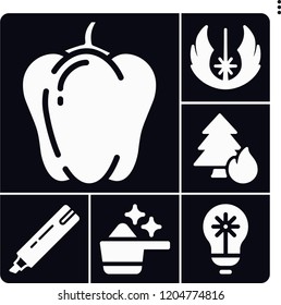 Set of 6 bright filled icons such as marker, bell pepper, detergent, fire, jedi
