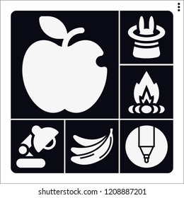 Set of 6 bright filled icons such as bananas, marker, desk lamp, magic, apple