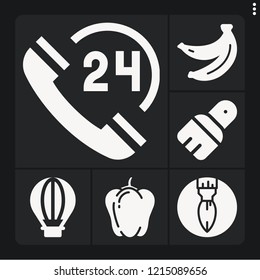 Set of 6 bright filled icons such as bananas, bell pepper, paint brush, hot air balloon, hours