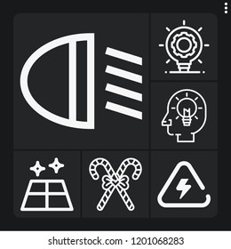 Set of 6 bright outline icons such as electricity, candy cane, idea, floor, car light
