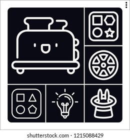 Set of 6 bright outline icons such as idea, shapes, magic, wheel