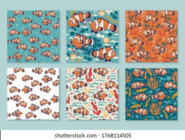 Conjunto de 6 patrones brillantes sin costura con peces payasos. Gráficos vectoriales.