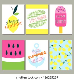 Set of 6 of bright summer cards. Vector illustration. Creative journaling cards.