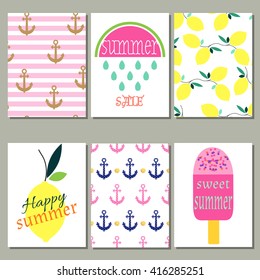 Set of 6 of bright summer cards. Vector illustration. Creative journaling cards.
