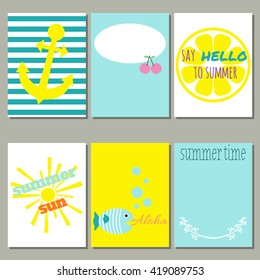 Set of 6 of bright summer cards. Vector illustration. Creative journaling cards.