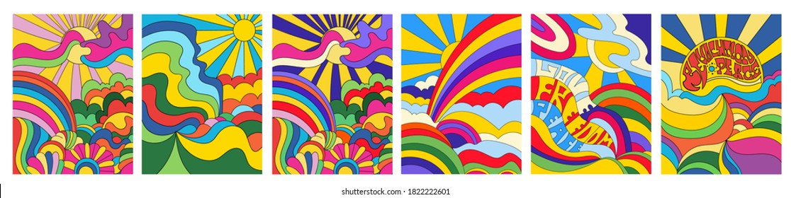 Set of 6 brightly colored psychedelic landscapes