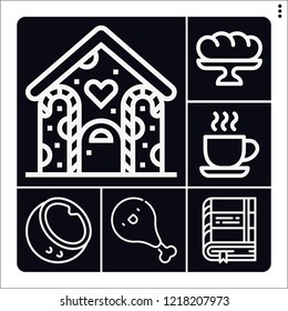 Set of 6 brown outline icons such as gingerbread house, coconut, book, chicken, baguette