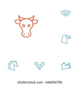 Set Of 6 Brute Outline Icons Set.Collection Of Feline Bear, Cow, Eagle And Other Elements.