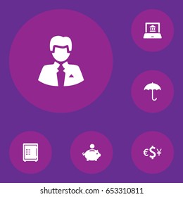Set Of 6 Budget Icons Set.Collection Of Umbrella, Worker, Piggy Bank And Other Elements.