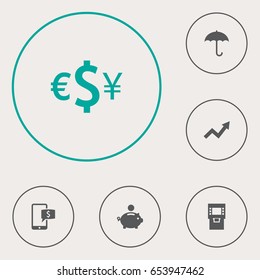 Set Of 6 Budget Icons Set.Collection Of Grown, Piggy Bank, Umbrella And Other Elements.