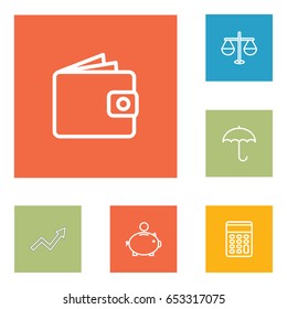 Set Of 6 Budget Outline Icons Set.Collection Of Calculator, Money Box, Protect And Other Elements.