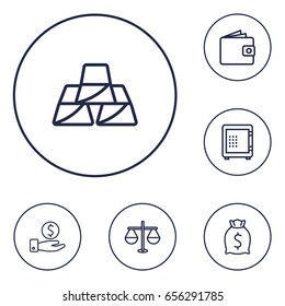 Set Of 6 Budget Outline Icons Set.Collection Of Golden Bars, Savings, Moneybag And Other Elements.
