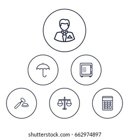 Set Of 6 Budget Outline Icons Set.Collection Of Safe, Auction, Justice And Other Elements.