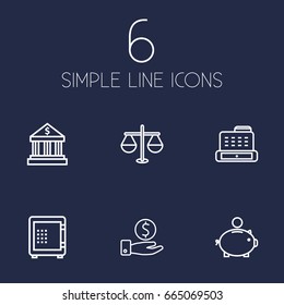 Set Of 6 Budget Outline Icons Set.Collection Of Justice, Money Box, Cash Register And Other Elements.