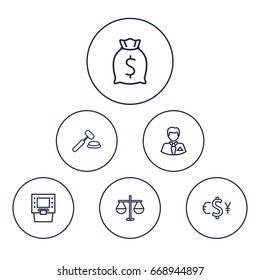 Set Of 6 Budget Outline Icons Set.Collection Of Moneybag, Auction, Businessman And Other Elements.