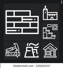 Set of 6 building outline icons such as wood house, carpenter, industry, church, brick wall