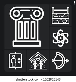 Set of 6 building outline icons such as arch, toolbox, nuclear power, gingerbread house, column