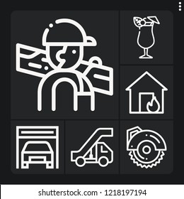 Set of 6 building outline icons such as carpenter, mai thai, circular saw, house, stairs
