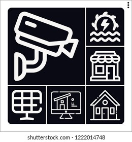 Set of 6 building outline icons such as hydro power, house, solar panels, shopping store, cctv