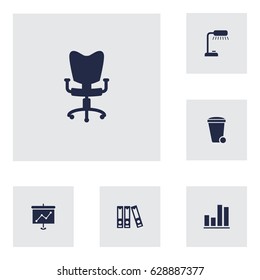 Set Of 6 Bureau Icons Set.Collection Of Presentation, Diagram, Office Chair And Other Elements.