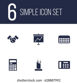 Set Of 6 Bureau Icons Set.Collection Of Presentation, Pencil Stand, Calendar Elements.