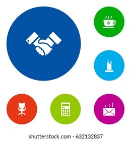 Set Of 6 Bureau Icons Set.Collection Of Calculator, Coffee, Handshake Elements.
