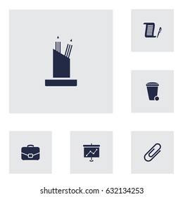 Set Of 6 Bureau Icons Set.Collection Of Trash Can, Clip, Contract And Other Elements.