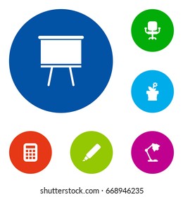 Set Of 6 Bureau Icons Set.Collection Of Flower, Blackboard, Airchair And Other Elements.