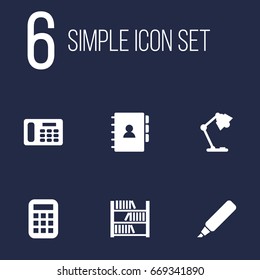 Set Of 6 Bureau Icons Set.Collection Of Phone, Calculate, Book And Other Elements.
