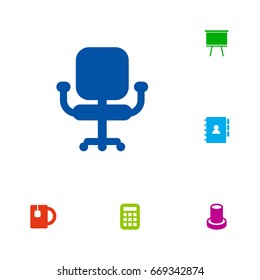 Set Of 6 Bureau Icons Set.Collection Of Calculate, Airchair, Book And Other Elements.