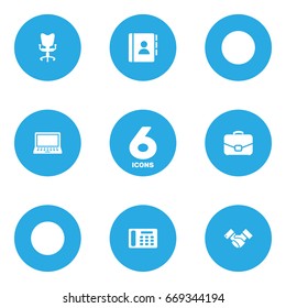 Set Of 6 Bureau Icons Set.Collection Of Address Book, Handshake, Laptop Elements.