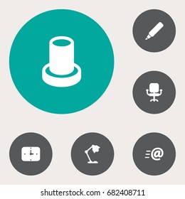 Set Of 6 Bureau Icons Set.Collection Of Stand , Message , Illuminator Elements.