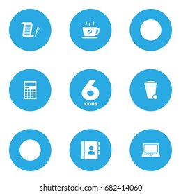 Set Of 6 Bureau Icons Set.Collection Of Laptop, Contract, Coffee And Other Elements.
