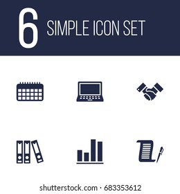 Set Of 6 Bureau Icons Set.Collection Of File Folder, Handshake, Laptop Elements.