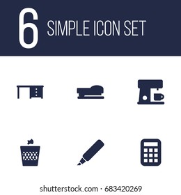 Set Of 6 Bureau Icons Set.Collection Of Espresso, Calculate, Desktop And Other Elements.