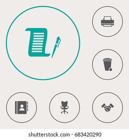 Set Of 6 Bureau Icons Set.Collection Of Address Book, Contract, Trash Can And Other Elements.