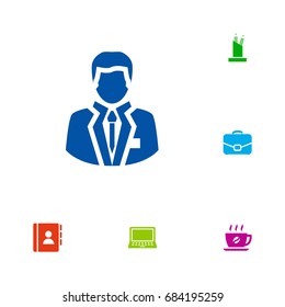 Set Of 6 Bureau Icons Set.Collection Of Manager, Pencil Stand, Address Book Elements.