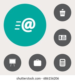 Set Of 6 Bureau Icons Set.Collection Of Message, Blackboard, Calculate And Other Elements.