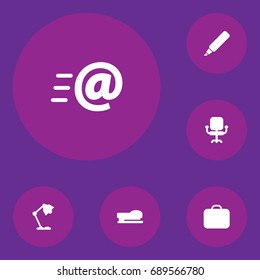Set Of 6 Bureau Icons Set.Collection Of Sew, Airchair, Message And Other Elements.