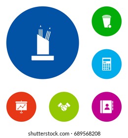 Set Of 6 Bureau Icons Set.Collection Of Calculator, Pencil Stand, Address Book Elements.